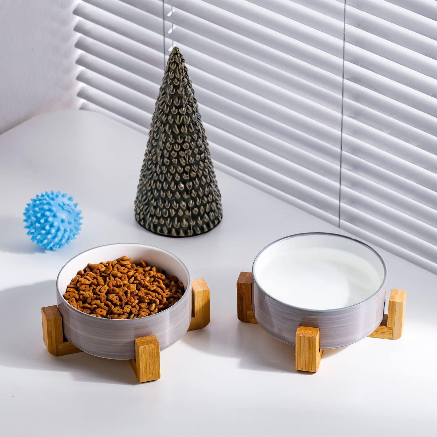 Ceramic Dog Bowl Set & Stand, Medium, Anti-Slip - Concrete and White