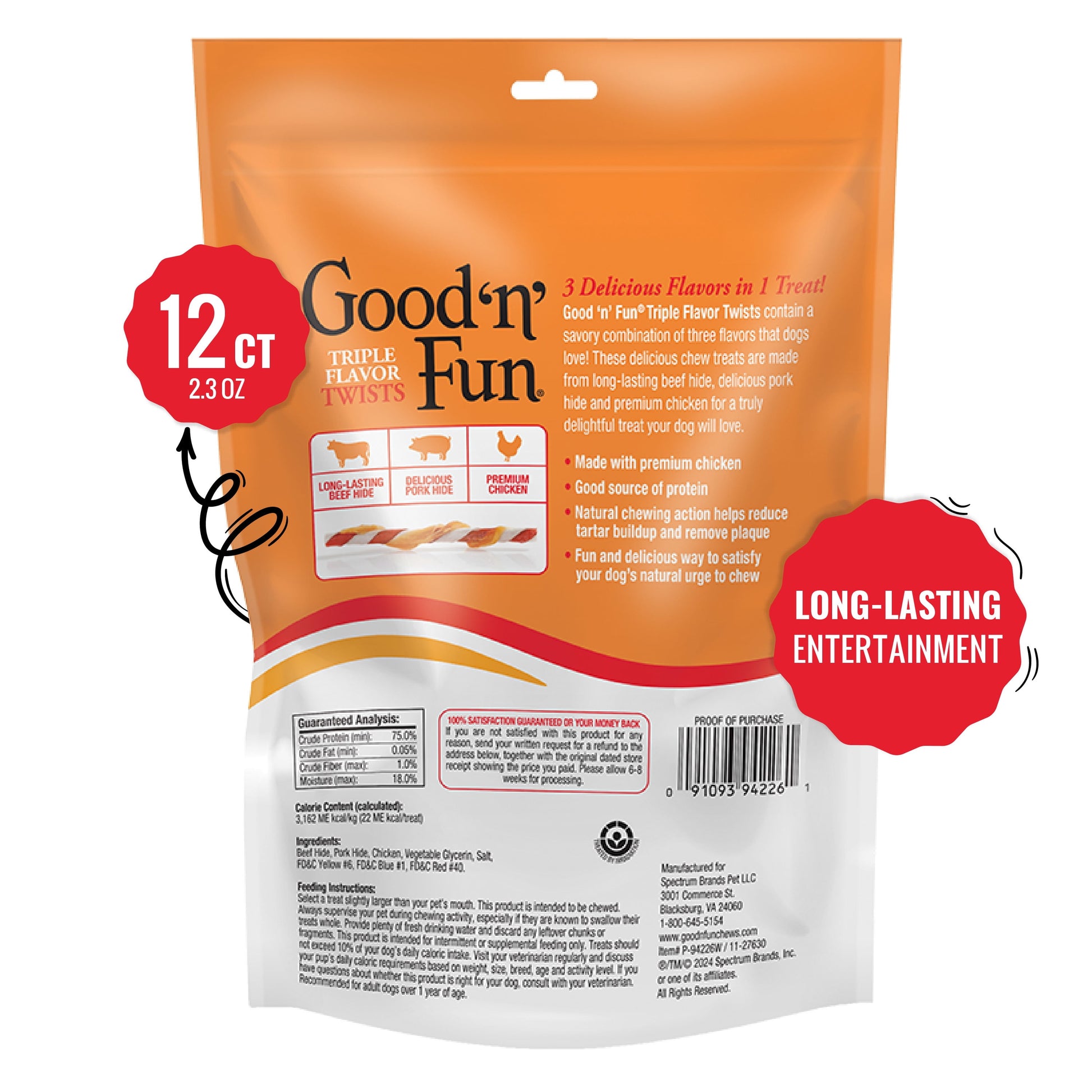 Triple Flavor Twists, Rawhide Chews for All Dogs, 12 Count