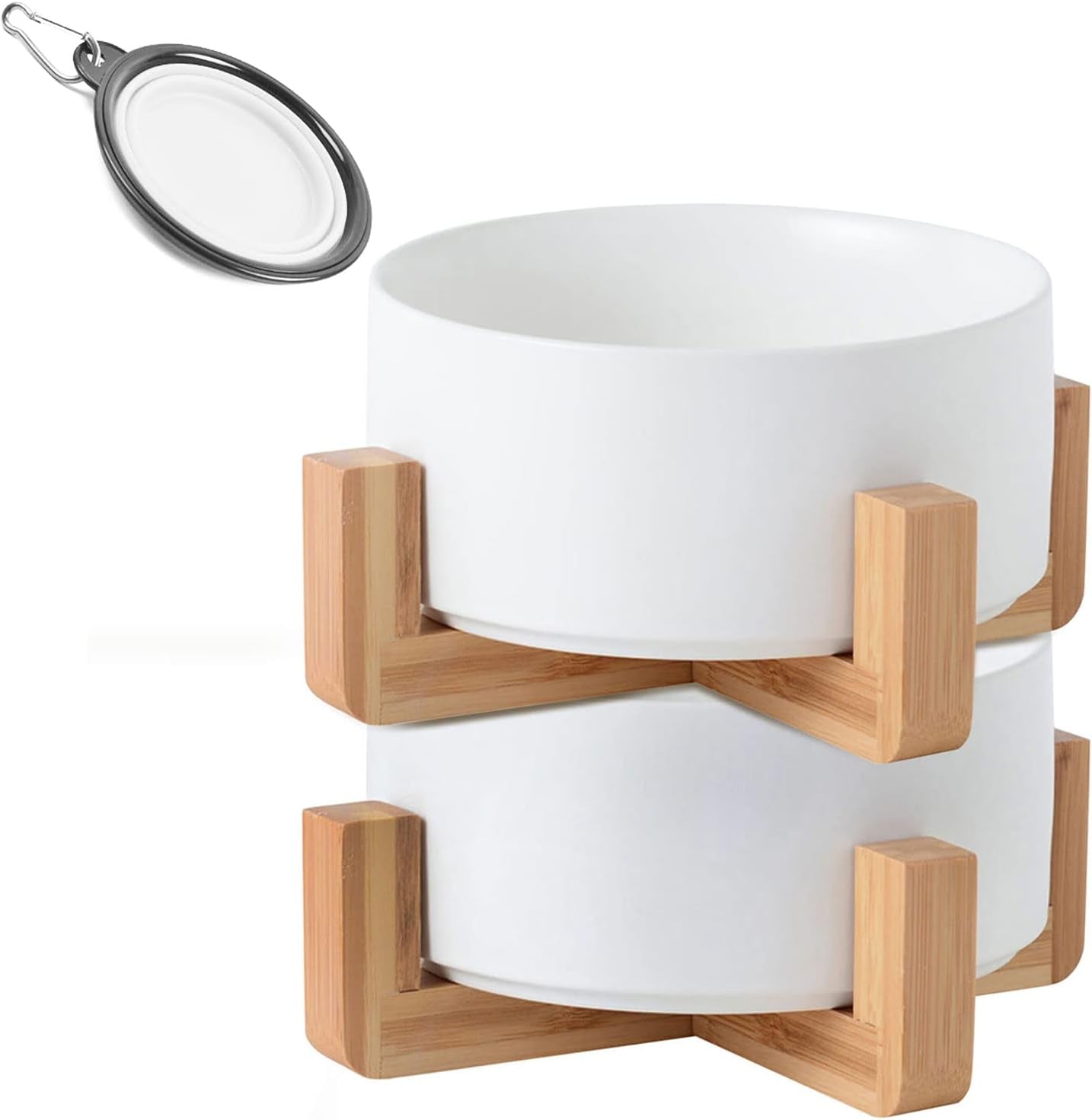 Ceramic Dog Bowl Set & Stand, Medium, Anti Slip Set of 2 - White