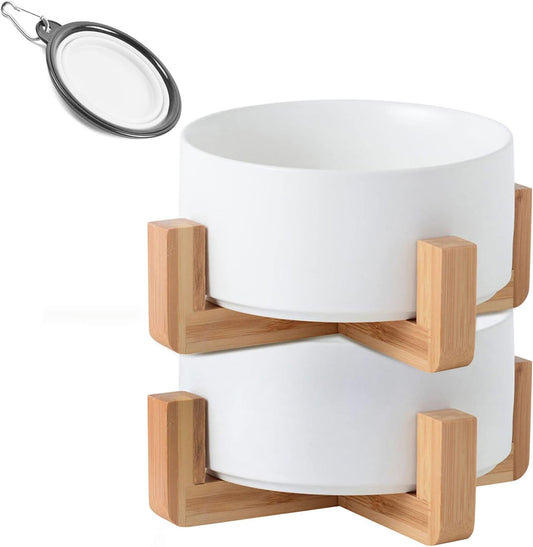 Ceramic Dog Bowl Set & Stand, Medium, Anti Slip Set of 2 - White
