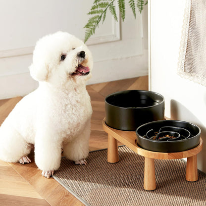 Ceramic Slow Feeder Dog Bowl and Water Bowl Set, Elevated with Wooden Stand - Black