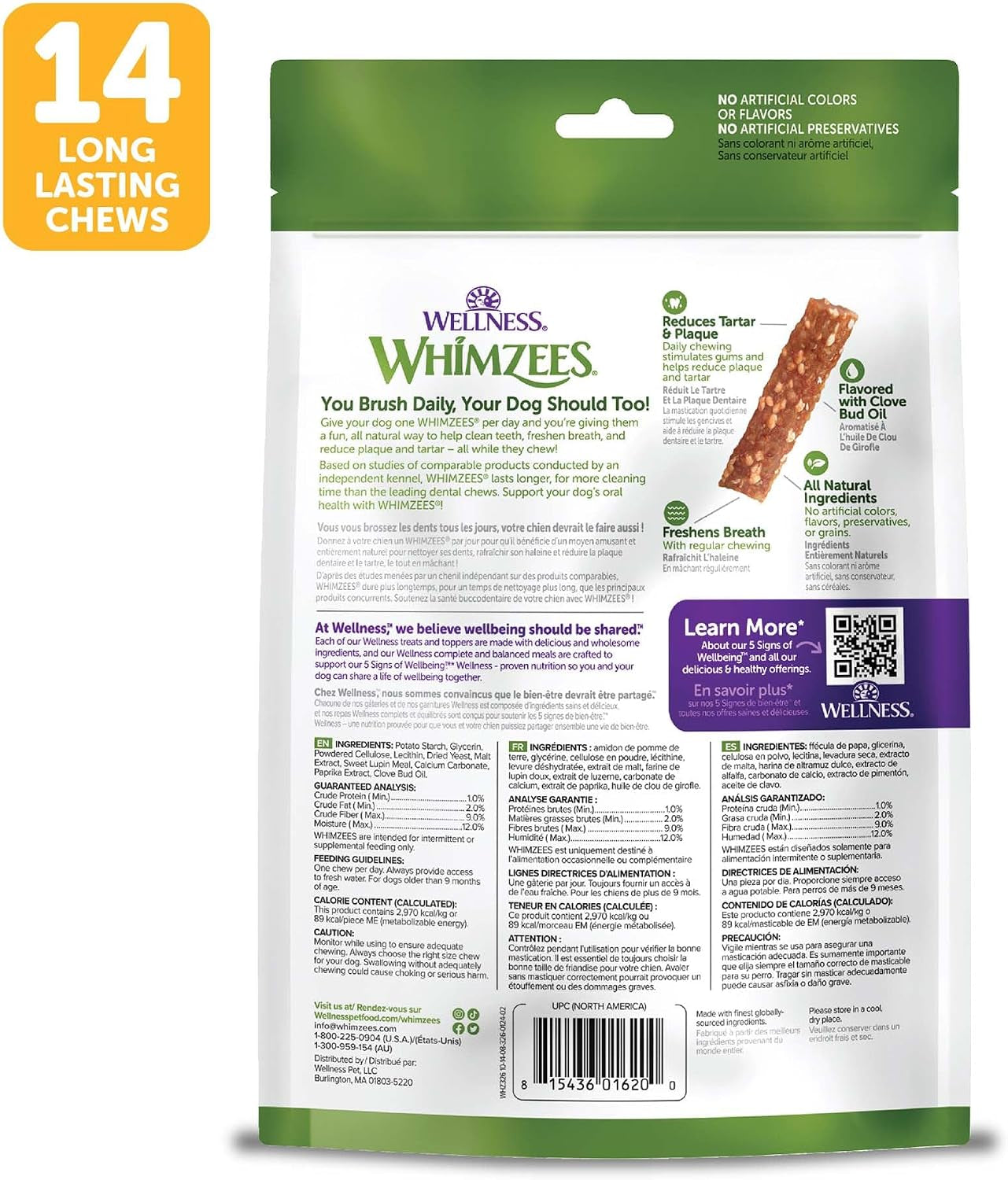 Wellness Veggie Strip Natural Dog Dental Treat, Chews, Freshens Breath, Medium Size, 14.81 Oz Bag, 14 Count
