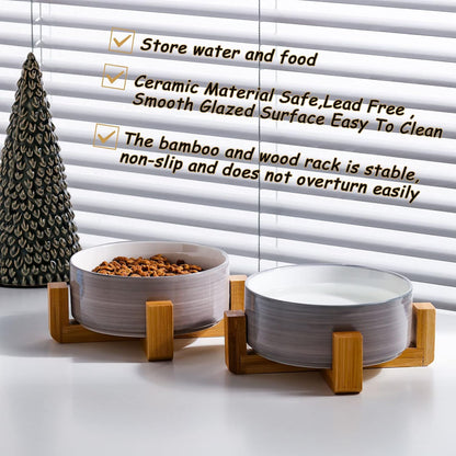 Ceramic Dog Bowl Set & Stand, Medium, Anti-Slip - Concrete and White