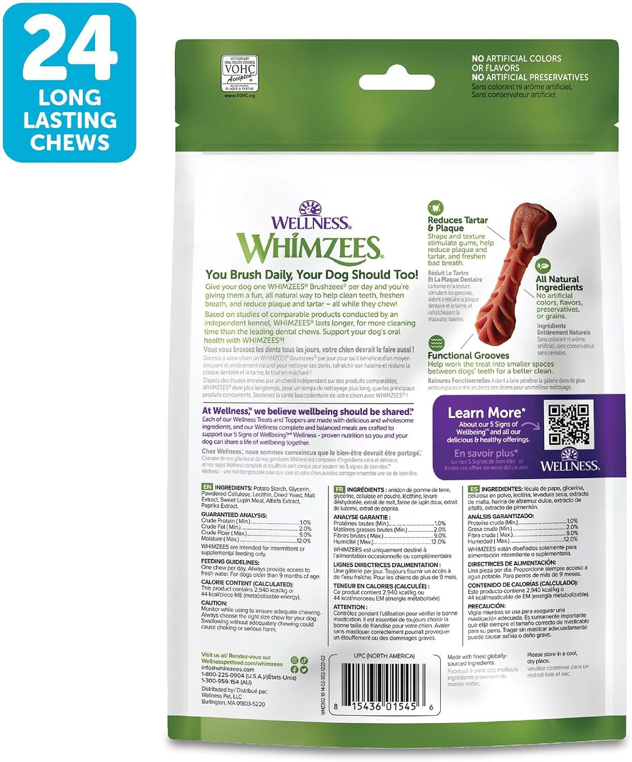 Wellness Brushzees Natural Dog Dental Treat, VOHC Accepted Chews, Freshens Breath, Small Size, 12.7 Oz Bag, 24 Count