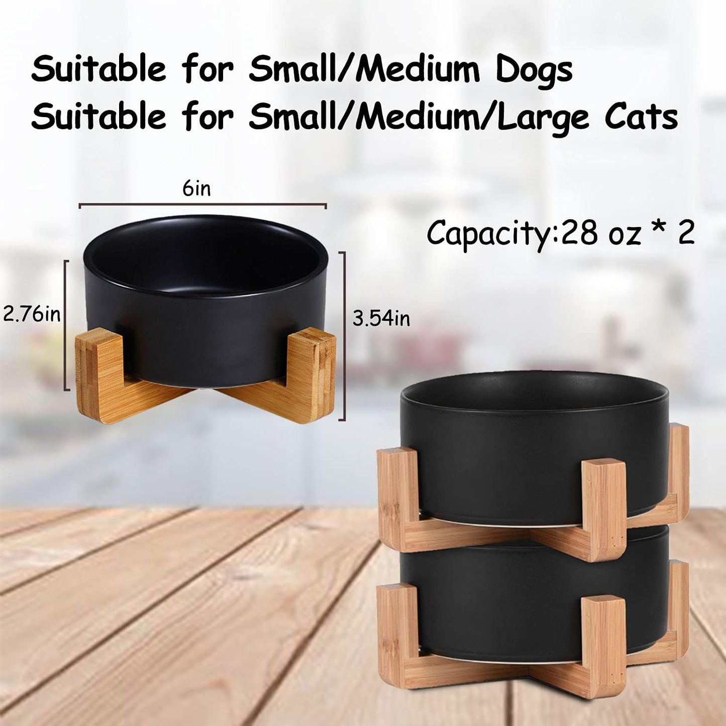 Ceramic Dog Bowl Set & Stand, Medium, Anti-Slip - Black