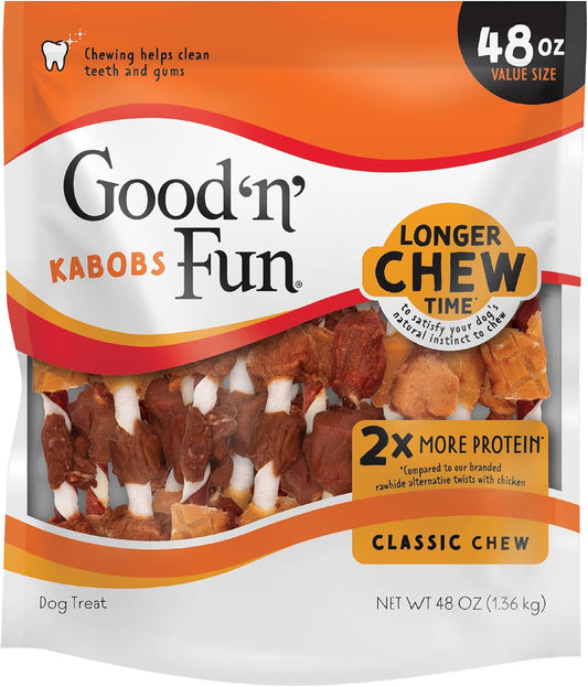 Kabobs Long-Lasting Dog Treat Made with Real Protein, 48 Oz | Premium Chicken, Pork and Beef Hide Chew, Supports Dental Health and Mental Stimulation, for Adult Dogs