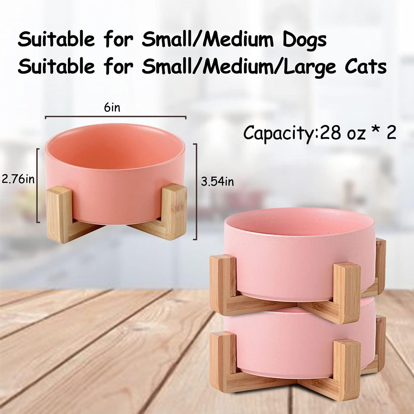 Ceramic Dog Bowl Set & Stand, Medium, Anti-Slip - Pink
