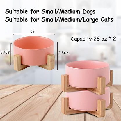 Ceramic Dog Bowl Set & Stand, Medium, Anti-Slip - Pink
