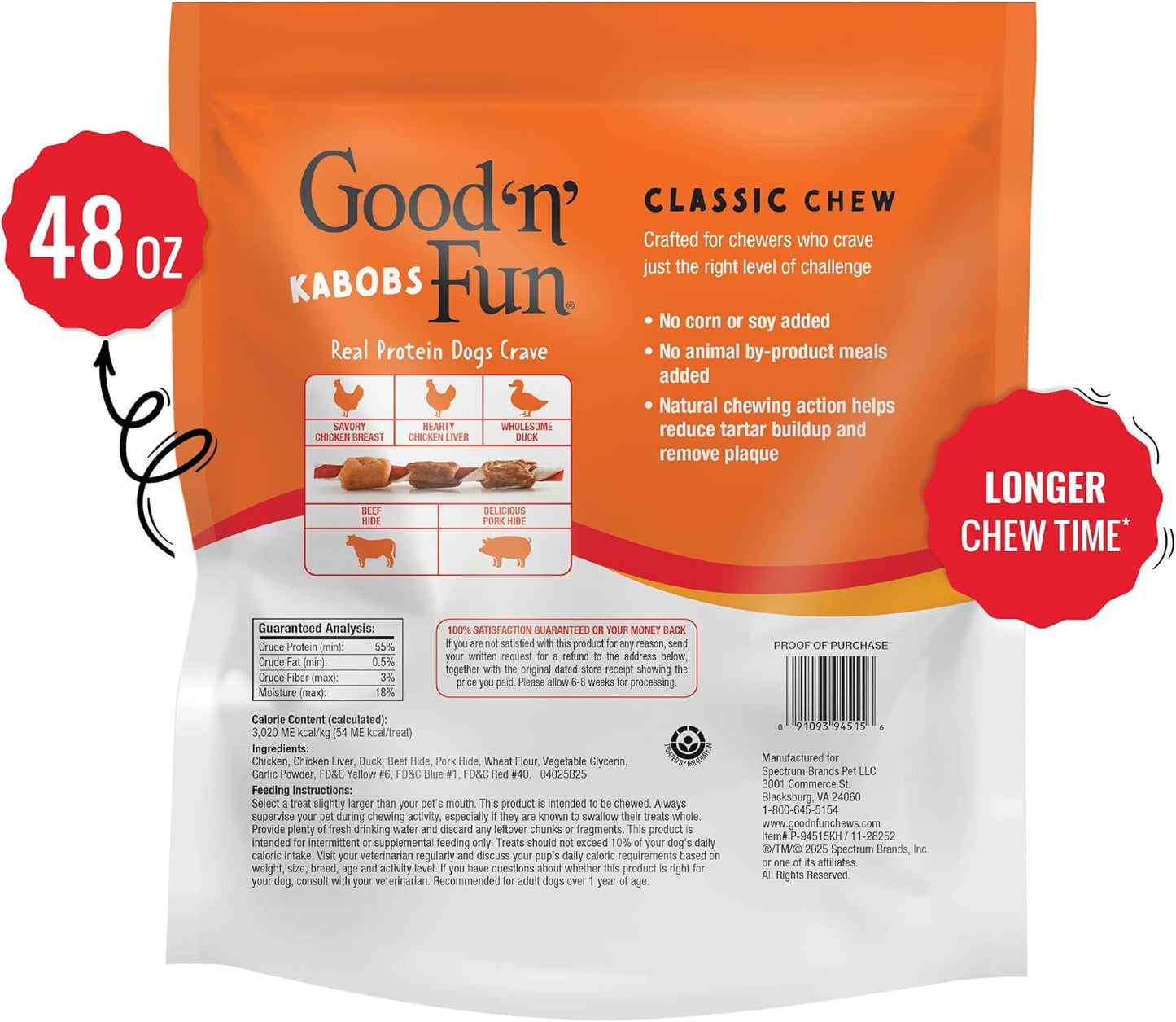 Kabobs Long-Lasting Dog Treat Made with Real Protein, 48 Oz | Premium Chicken, Pork and Beef Hide Chew, Supports Dental Health and Mental Stimulation, for Adult Dogs