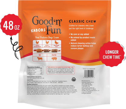 Kabobs Long-Lasting Dog Treat Made with Real Protein, 48 Oz | Premium Chicken, Pork and Beef Hide Chew, Supports Dental Health and Mental Stimulation, for Adult Dogs