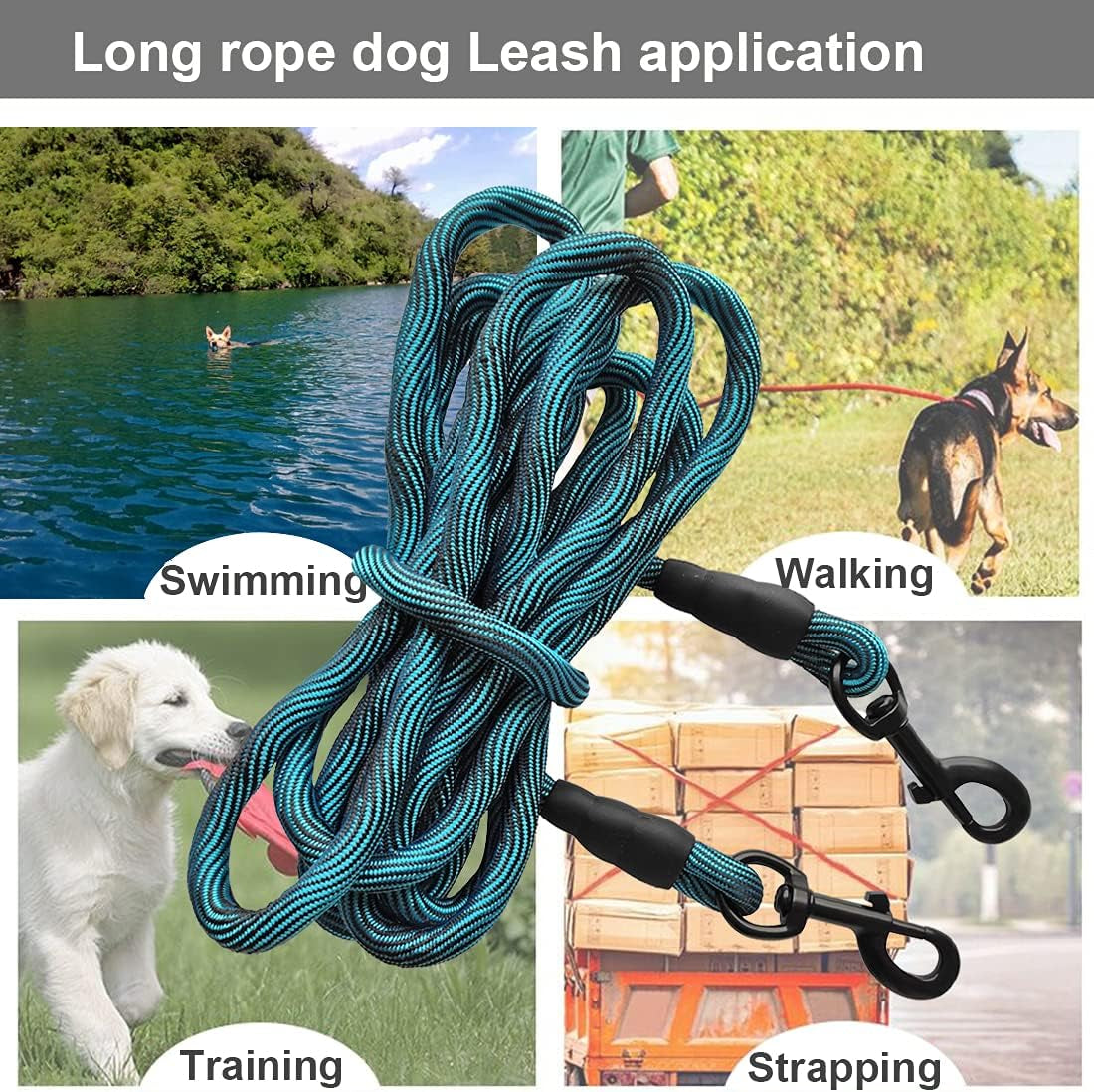 Dog Tie Out Long Tether 8/12/20/30/50/75Ft Rope Dog Lead for Yard | Large Medium Dogs Recall Training Dog Line for outside Playing, Camping, or Backyard (20Ft, Blue Black)