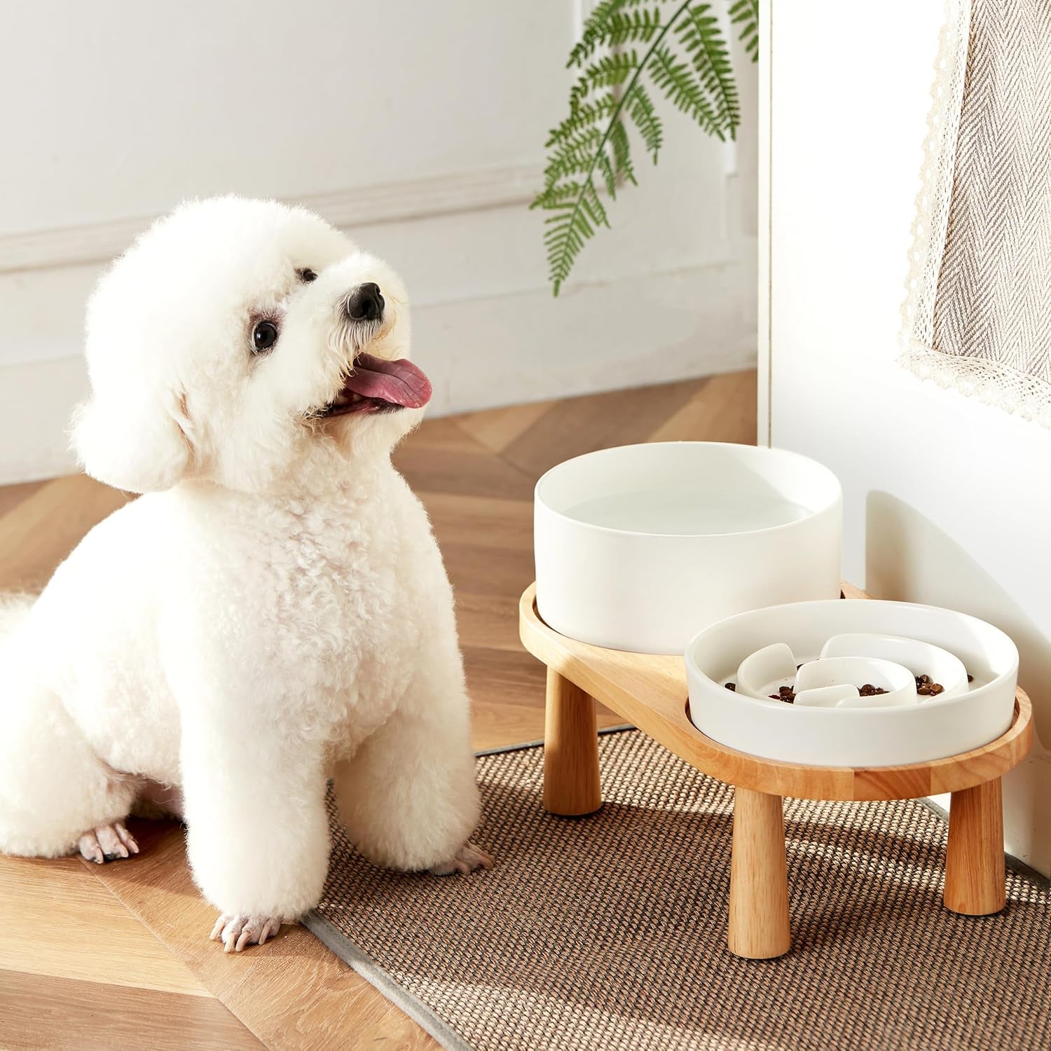 Ceramic Slow Feeder Dog Bowl and Water Bowl Set, Elevated with Wooden Stand - White