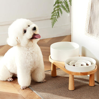 Ceramic Slow Feeder Dog Bowl and Water Bowl Set, Elevated with Wooden Stand - White