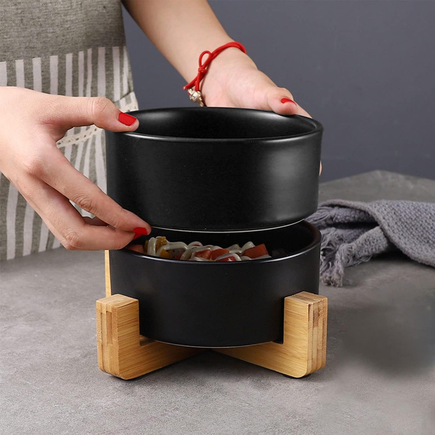 Ceramic Dog Bowl Set & Stand, Medium, Anti-Slip - Black