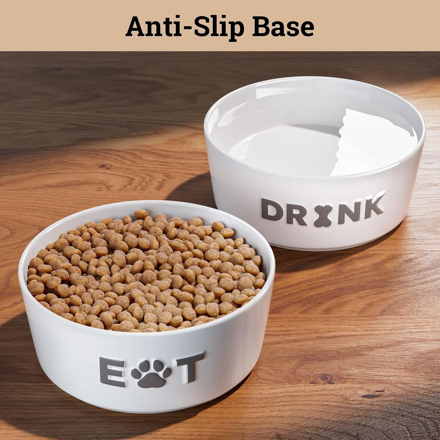 Ceramic Dog Bowl Set of 2 W/ Anti-Skid Base 6.5"W X 2.5"H, 3.8 Cup Capacity | Thick Ceramic, Dishwasher Safe, Anti-Skid Rubber Base, 3.8 Cups per Bowl, Ceramic Food & Water Bowls Set of 2 for Medium Dogs