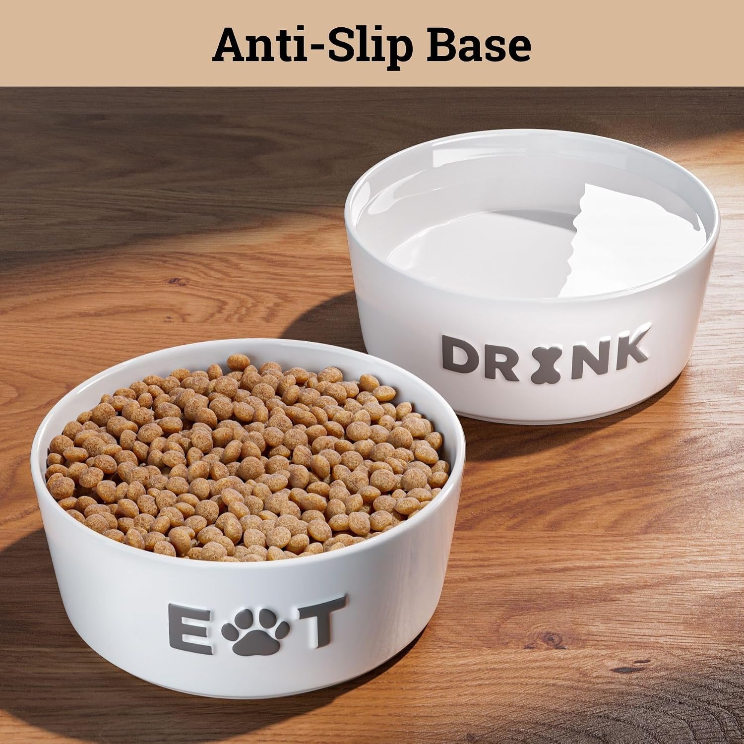 Ceramic Dog Bowl Set of 2 W/ Anti-Skid Base 6.5"W X 2.5"H, 3.8 Cup Capacity | Thick Ceramic, Dishwasher Safe, Anti-Skid Rubber Base, 3.8 Cups per Bowl, Ceramic Food & Water Bowls Set of 2 for Medium Dogs