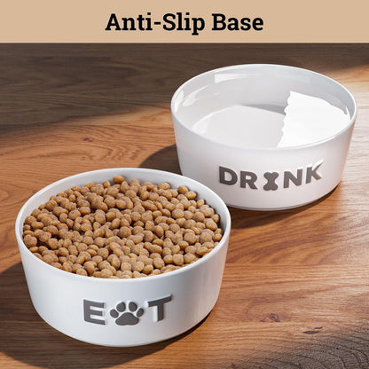 Ceramic Dog Bowl Set of 2 W/ Anti-Skid Base 6.5"W X 2.5"H, 3.8 Cup Capacity | Thick Ceramic, Dishwasher Safe, Anti-Skid Rubber Base, 3.8 Cups per Bowl, Ceramic Food & Water Bowls Set of 2 for Medium Dogs