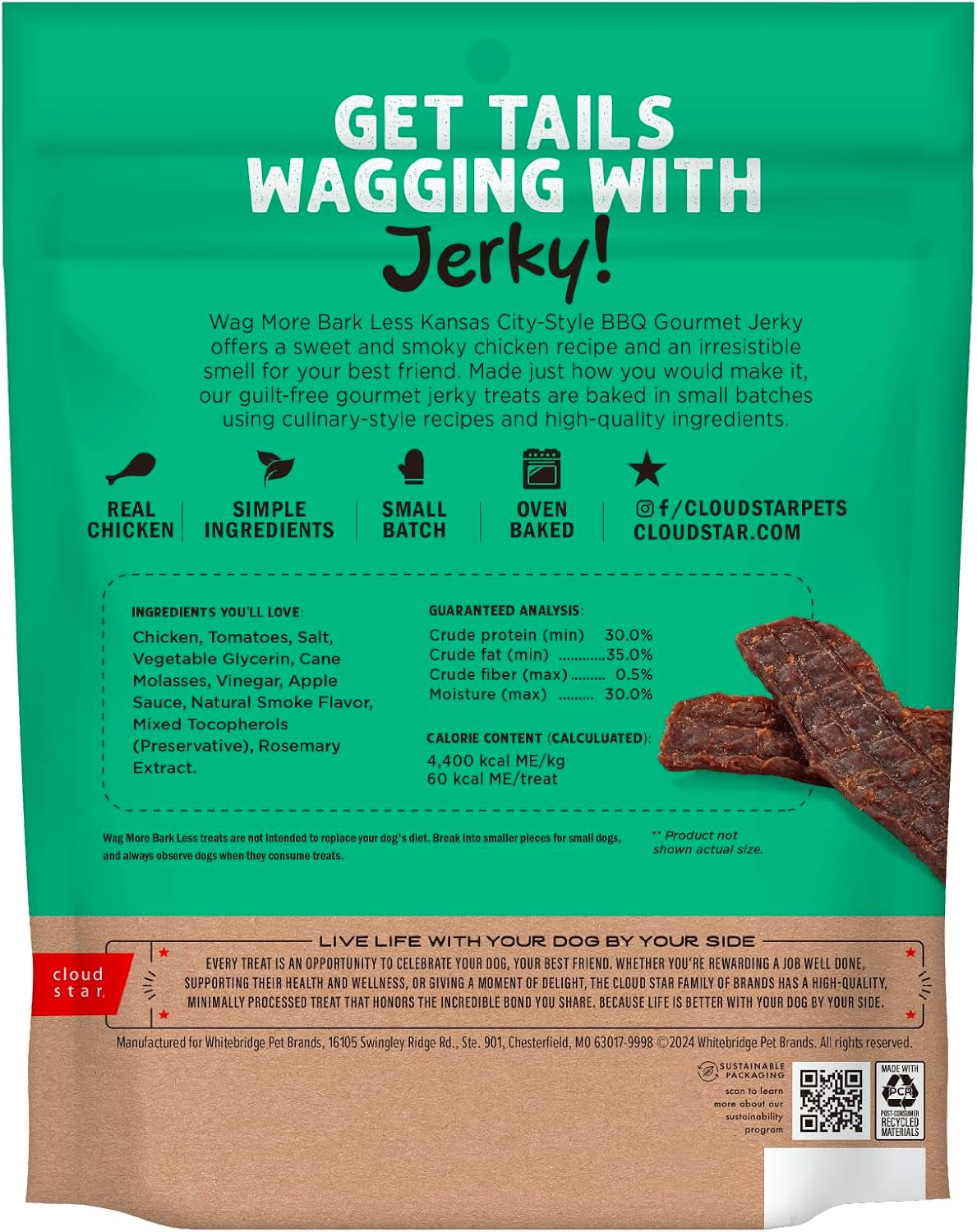 Wag More Bark Less Dog Treats Jerky KC BBQ Chicken 10 Oz | Meaty Jerky, Kansas City Style BBQ Scent, Grilled Chicken Color, Made with Real Ingredients, Gourmet Small Batch