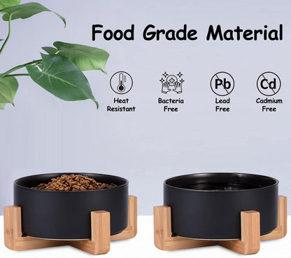 Ceramic Dog Bowl Set & Stand, Medium, Anti-Slip - Black