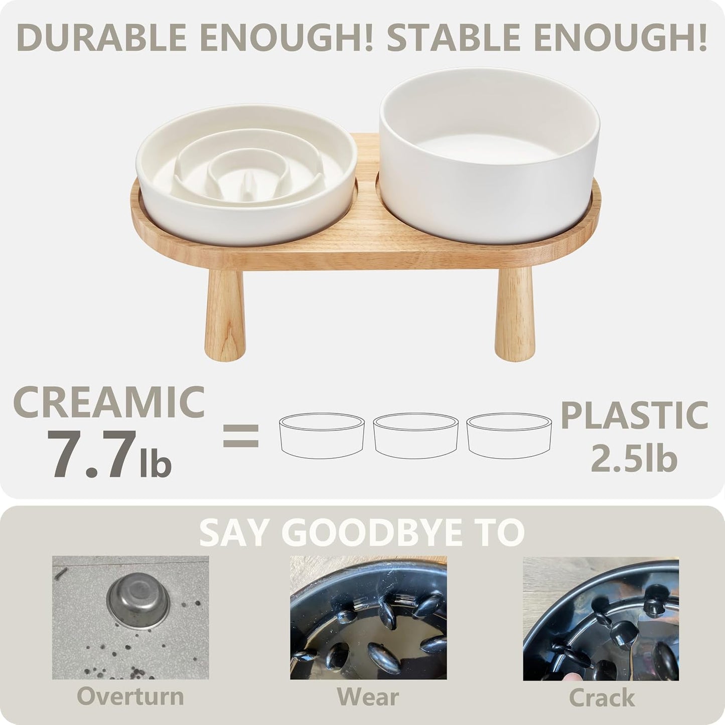 Ceramic Slow Feeder Dog Bowl and Water Bowl Set, Elevated with Wooden Stand - White