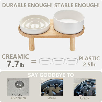 Ceramic Slow Feeder Dog Bowl and Water Bowl Set, Elevated with Wooden Stand - White