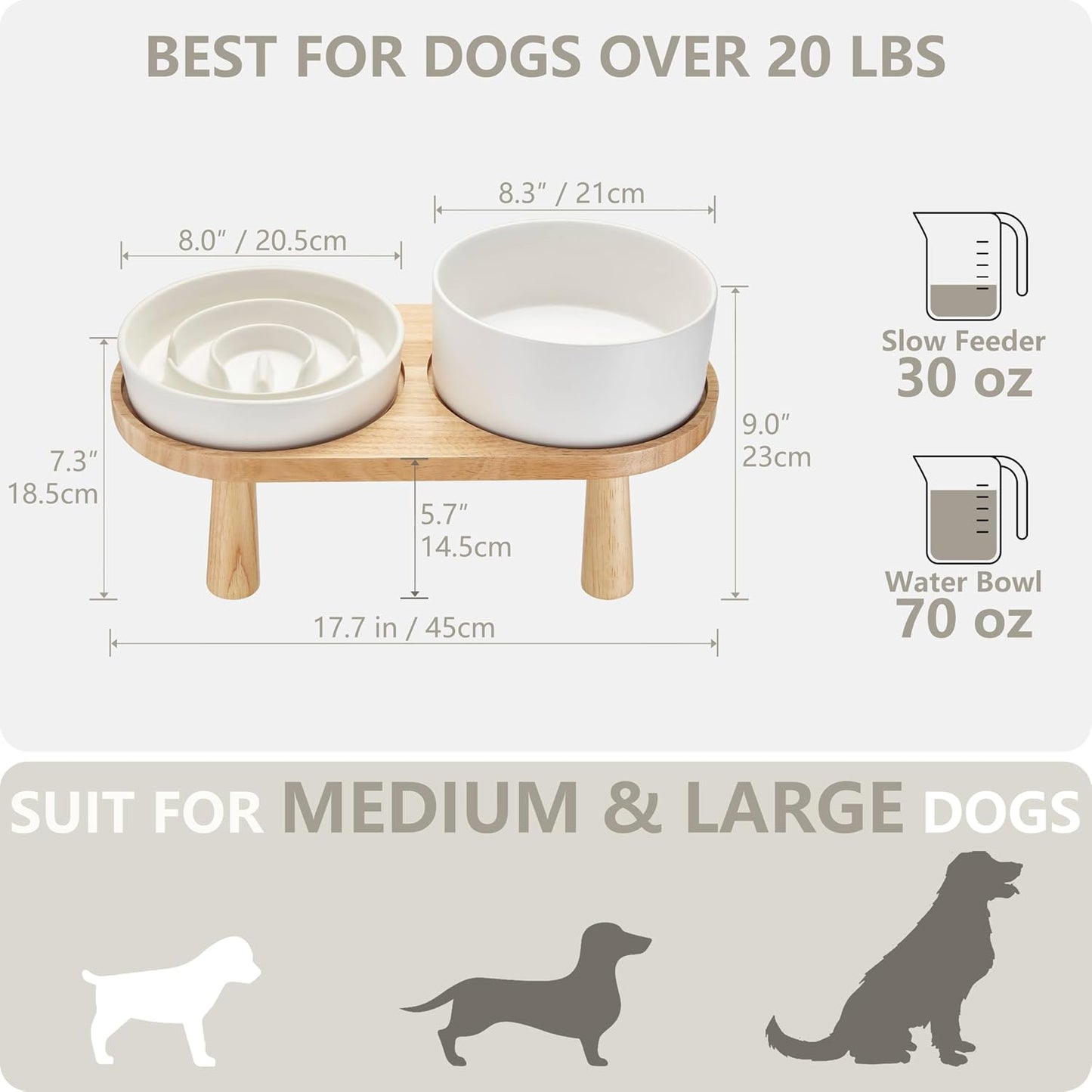 Ceramic Slow Feeder Dog Bowl and Water Bowl Set, Elevated with Wooden Stand - White
