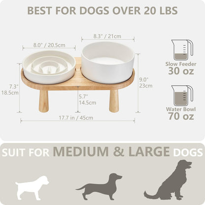 Ceramic Slow Feeder Dog Bowl and Water Bowl Set, Elevated with Wooden Stand - White