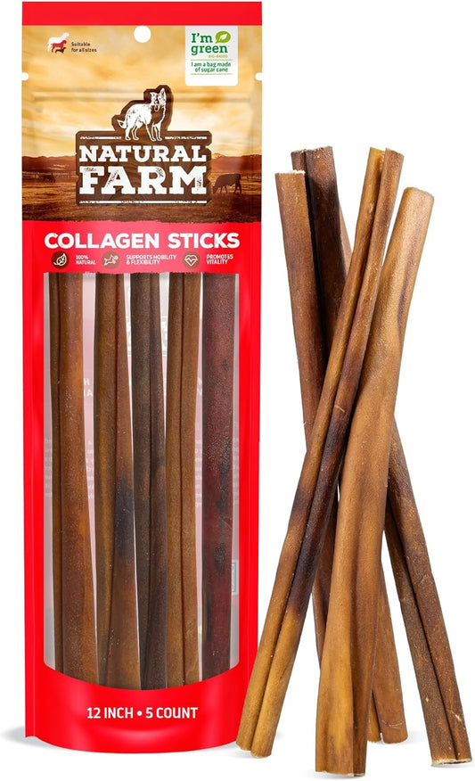 Collagen Dog Chews (12 Inch, 5 Pack), Odor-Free Long Lasting Bully Sticks & Rawhide Alternative Dog Treats, 95% Collagen Low Fat, High Protein – Medium & Large Dogs