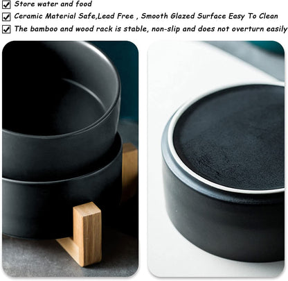 Ceramic Dog Bowl Set & Stand, Medium, Anti-Slip - Black