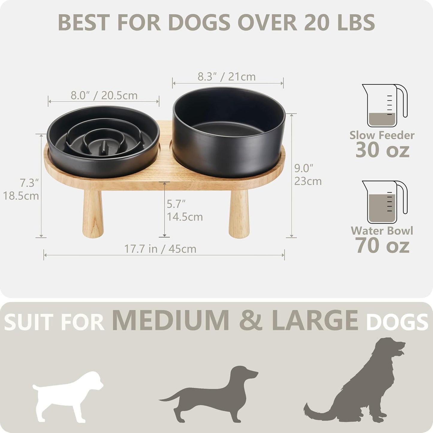 Ceramic Slow Feeder Dog Bowl and Water Bowl Set, Elevated with Wooden Stand - Black