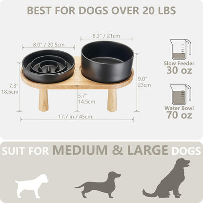 Ceramic Slow Feeder Dog Bowl and Water Bowl Set, Elevated with Wooden Stand - Black