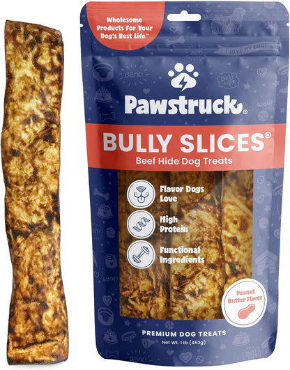 Bully Slices Premium Rawhide Chew Sticks, Peanut Butter Flavor - Low Fat, High Protein, Long-Lasting Treat for Dogs - No Artificial Ingredients - 1 Lb Bag - Packaging May Vary