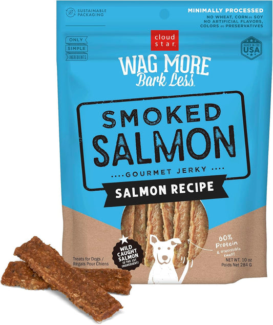 Wag More Bark Less Dog Treats, Jerky, Smoked Salmon, 10 Oz | 10 Oz Bag, Gourmet Jerky Meaty, for All Life Stages, Wild-Caught Fish, Simple Ingredients, No Wheat, Corn or Soy
