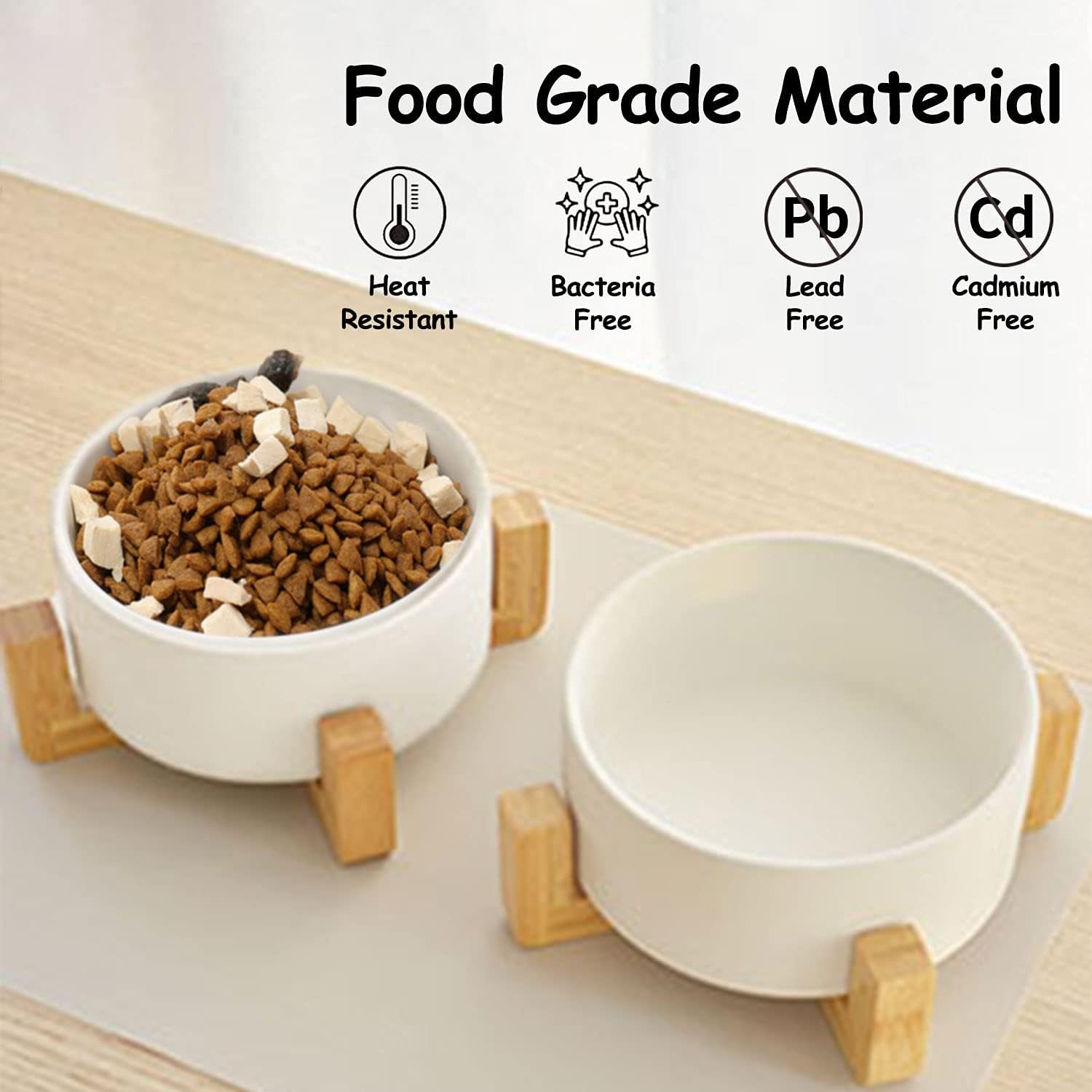 Ceramic Dog Bowl Set & Stand, Medium, Anti Slip Set of 2 - White