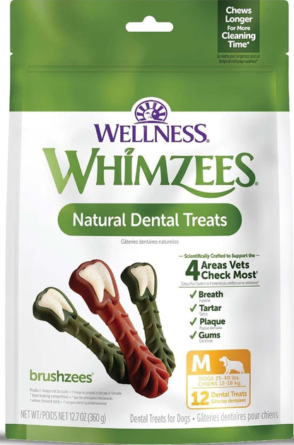 Wellness Brushzees Natural Dog Dental Treat, VOHC Accepted Chews, Freshens Breath, Medium Size, 12.7 Oz Bag, 12 Count