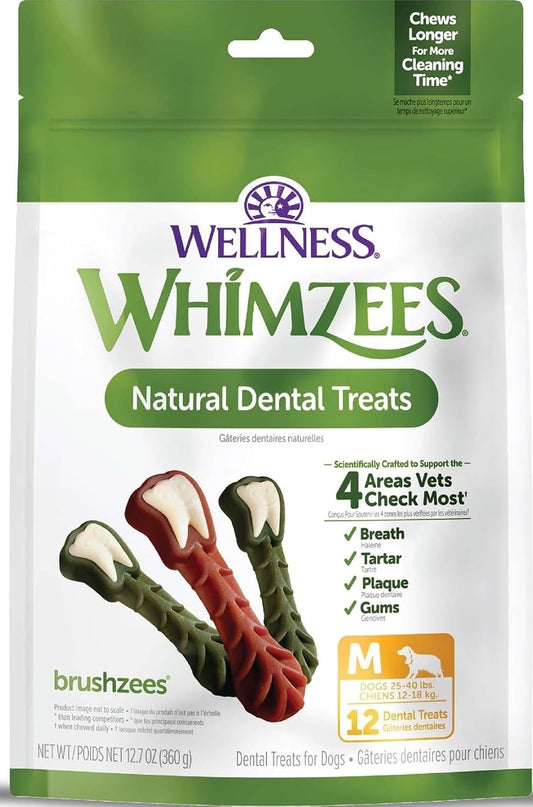 Wellness Brushzees Natural Dog Dental Treat, VOHC Accepted Chews, Freshens Breath, Medium Size, 12.7 Oz Bag, 12 Count