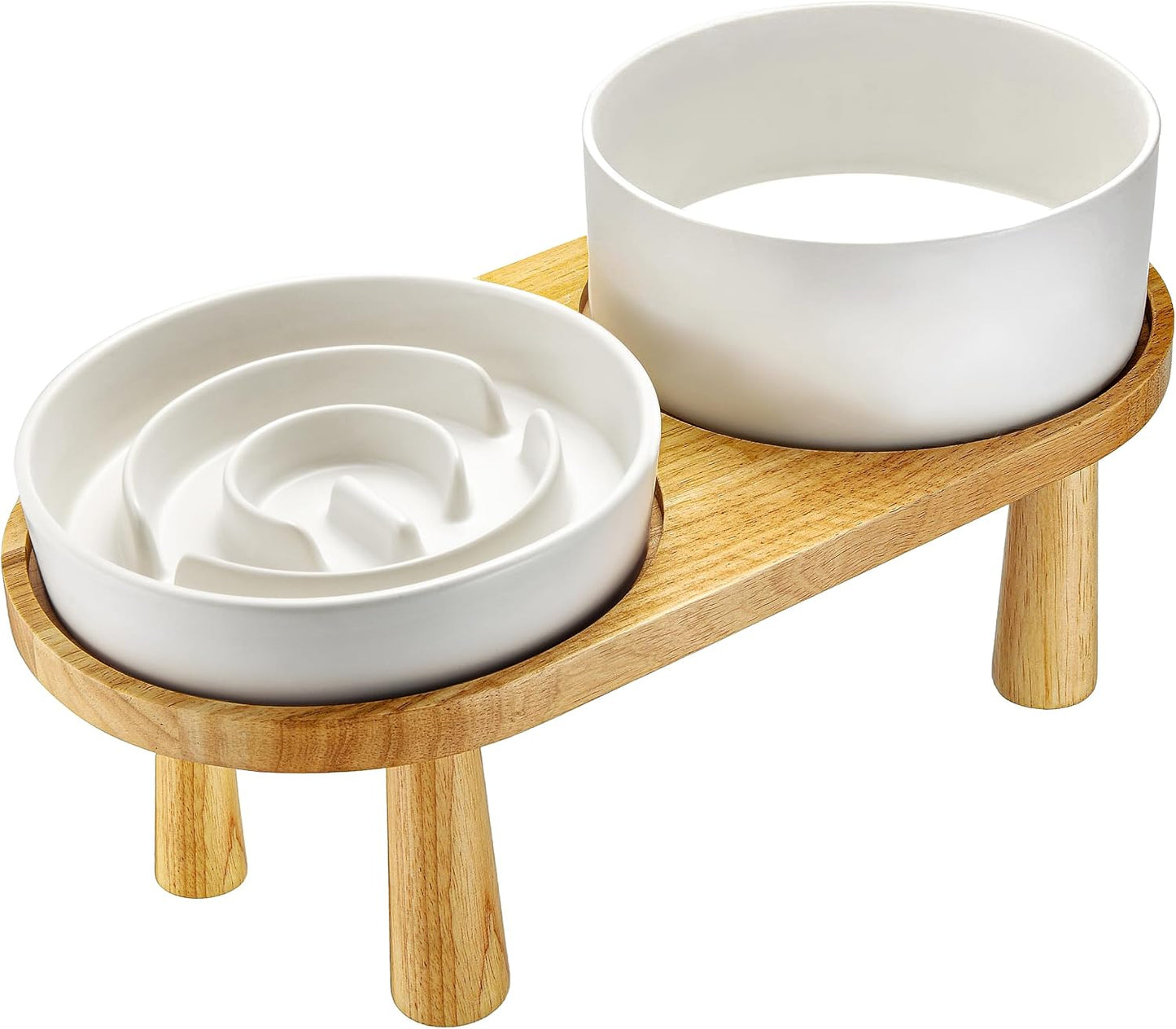 Ceramic Slow Feeder Dog Bowl and Water Bowl Set, Elevated with Wooden Stand - White