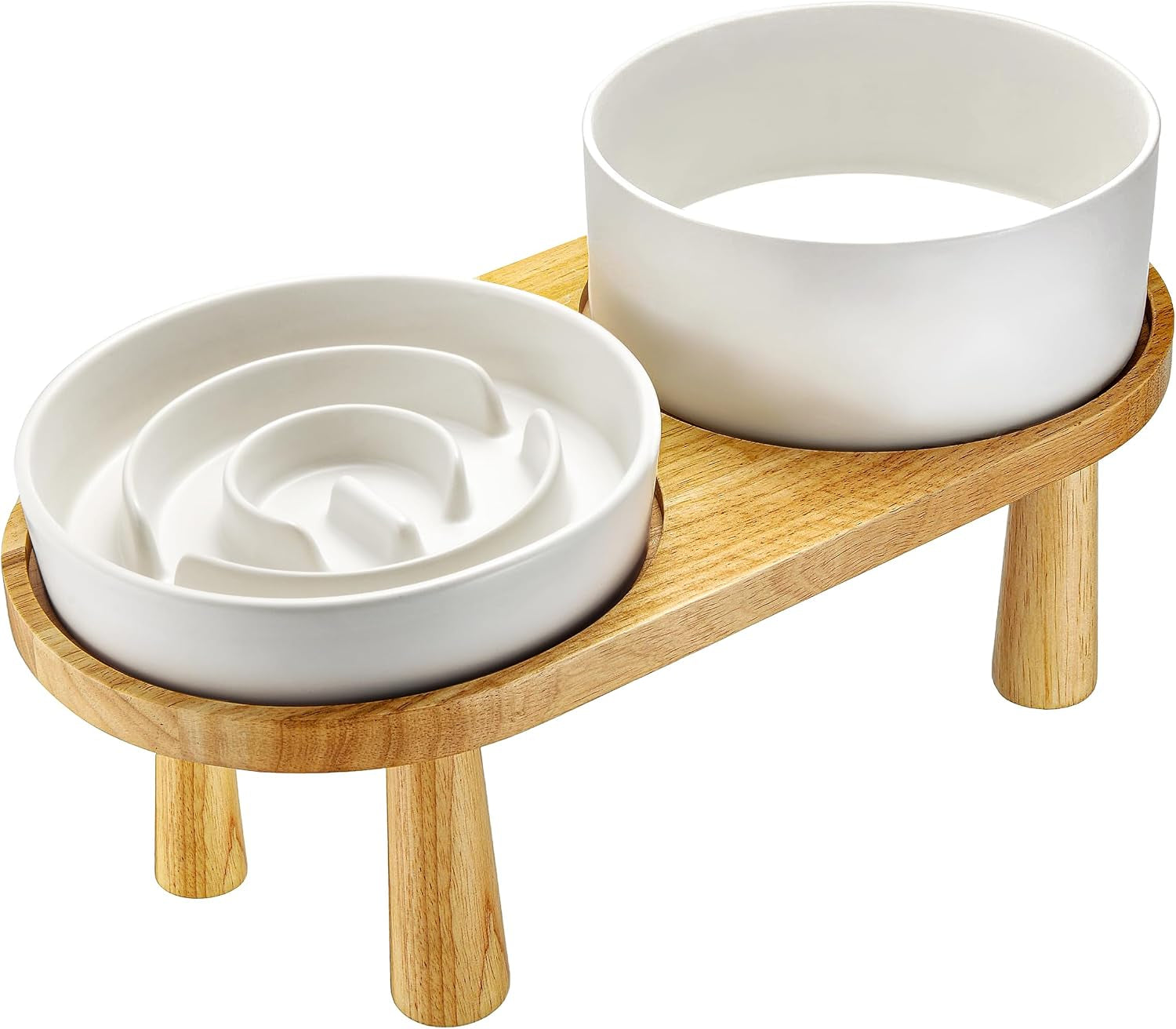 Ceramic Slow Feeder Dog Bowl and Water Bowl Set, Elevated with Wooden Stand - White