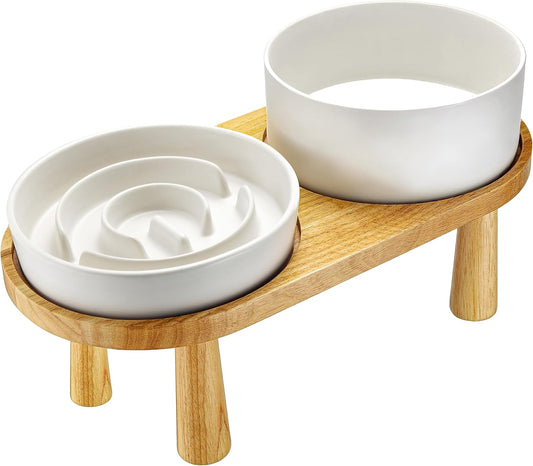 Ceramic Slow Feeder Dog Bowl and Water Bowl Set, Elevated with Wooden Stand - White