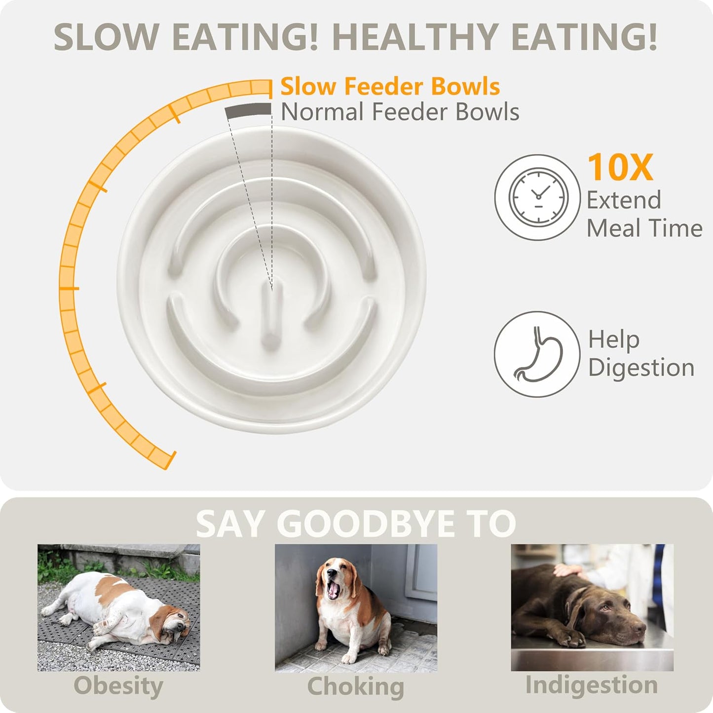 Ceramic Slow Feeder Dog Bowl and Water Bowl Set, Elevated with Wooden Stand - White