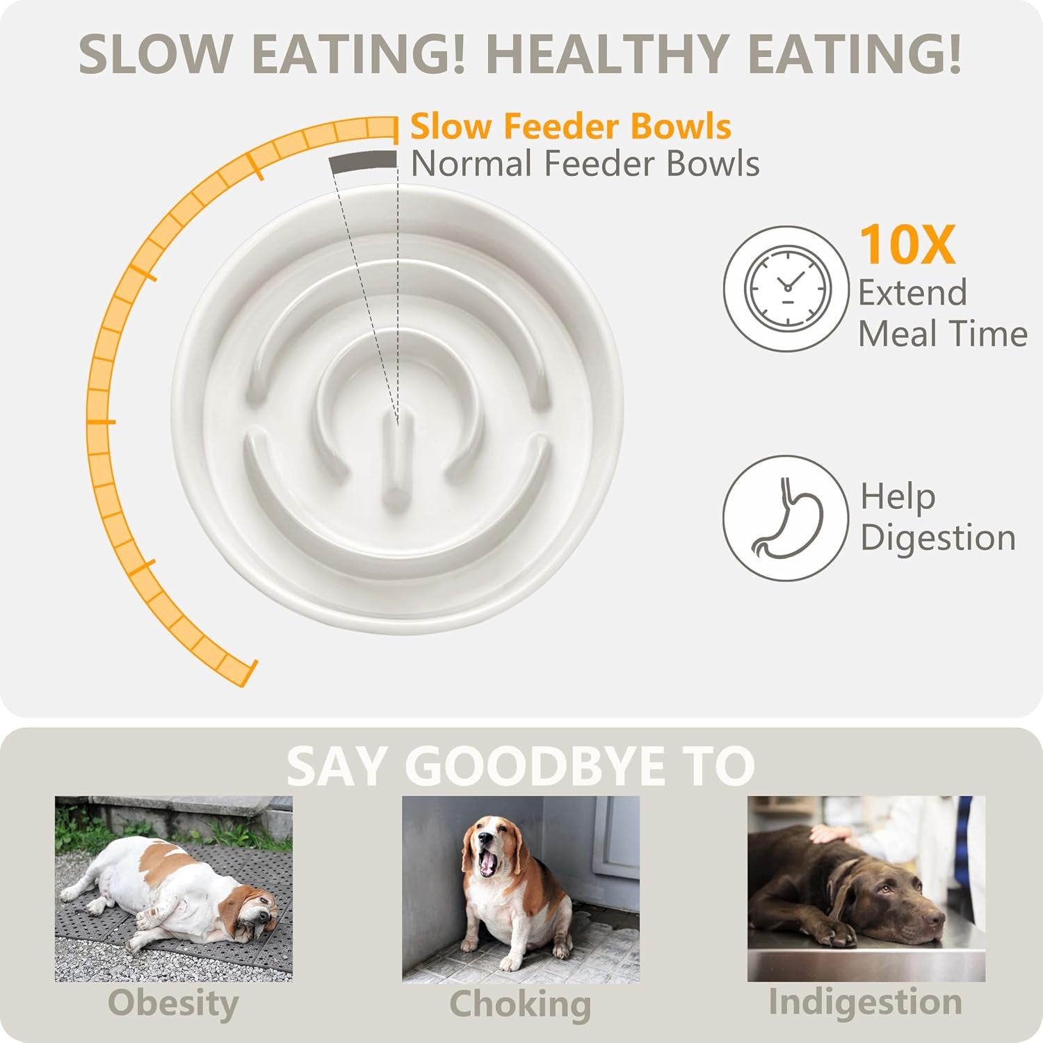Ceramic Slow Feeder Dog Bowl and Water Bowl Set, Elevated with Wooden Stand - White