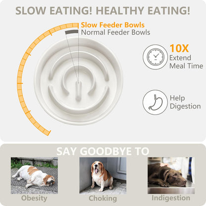 Ceramic Slow Feeder Dog Bowl and Water Bowl Set, Elevated with Wooden Stand - White
