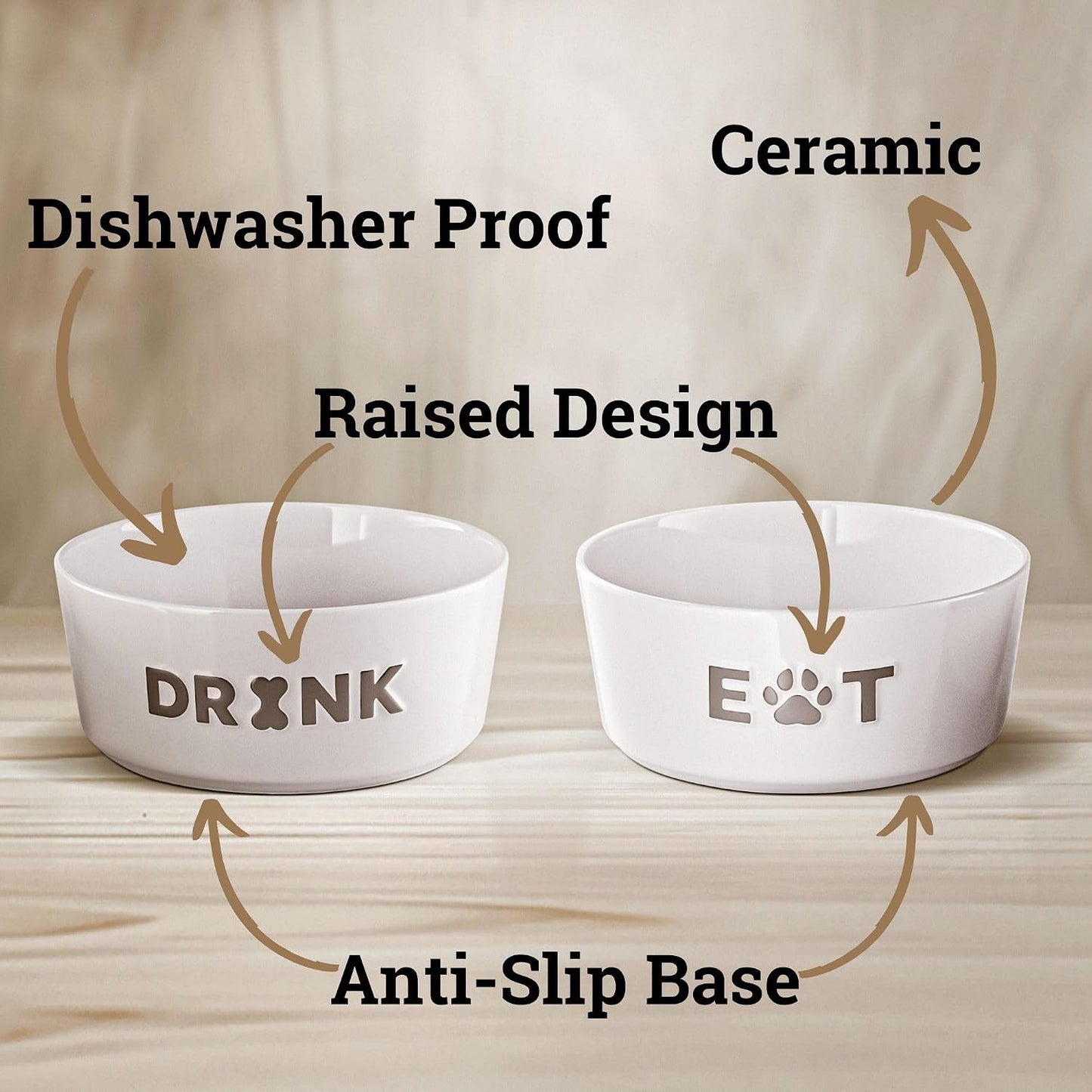 Ceramic Dog Bowl Set of 2 W/ Anti-Skid Base 6.5"W X 2.5"H, 3.8 Cup Capacity | Thick Ceramic, Dishwasher Safe, Anti-Skid Rubber Base, 3.8 Cups per Bowl, Ceramic Food & Water Bowls Set of 2 for Medium Dogs