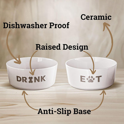 Ceramic Dog Bowl Set of 2 W/ Anti-Skid Base 6.5"W X 2.5"H, 3.8 Cup Capacity | Thick Ceramic, Dishwasher Safe, Anti-Skid Rubber Base, 3.8 Cups per Bowl, Ceramic Food & Water Bowls Set of 2 for Medium Dogs