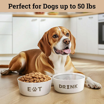 Ceramic Dog Bowl Set of 2 W/ Anti-Skid Base 6.5"W X 2.5"H, 3.8 Cup Capacity | Thick Ceramic, Dishwasher Safe, Anti-Skid Rubber Base, 3.8 Cups per Bowl, Ceramic Food & Water Bowls Set of 2 for Medium Dogs