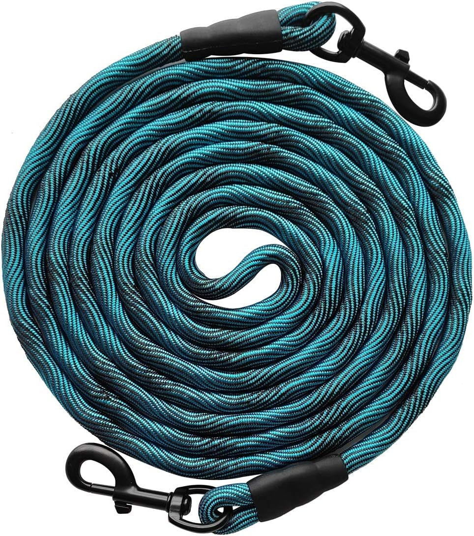 Dog Tie Out Long Tether 8/12/20/30/50/75Ft Rope Dog Lead for Yard | Large Medium Dogs Recall Training Dog Line for outside Playing, Camping, or Backyard (20Ft, Blue Black)