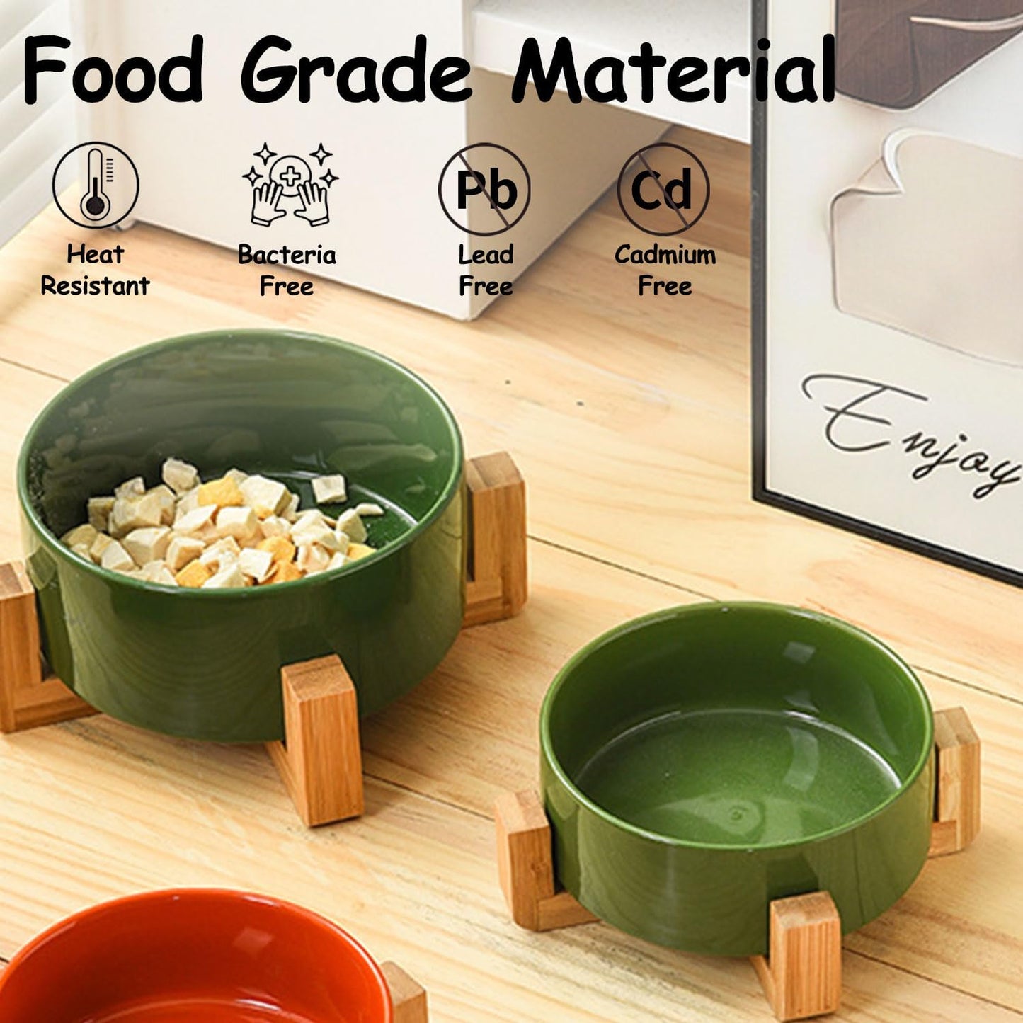 Ceramic Dog Bowl Set & Stand, Medium, Anti-Slip - Rust Green