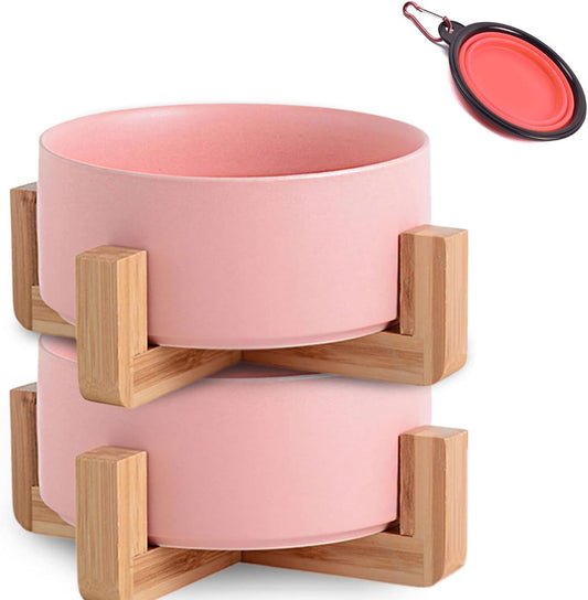 Ceramic Dog Bowl Set & Stand, Medium, Anti-Slip - Pink