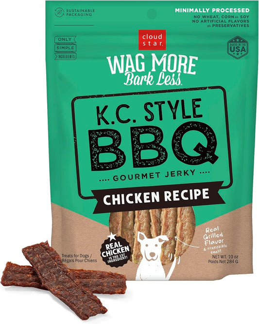 Wag More Bark Less Dog Treats Jerky KC BBQ Chicken 10 Oz | Meaty Jerky, Kansas City Style BBQ Scent, Grilled Chicken Color, Made with Real Ingredients, Gourmet Small Batch