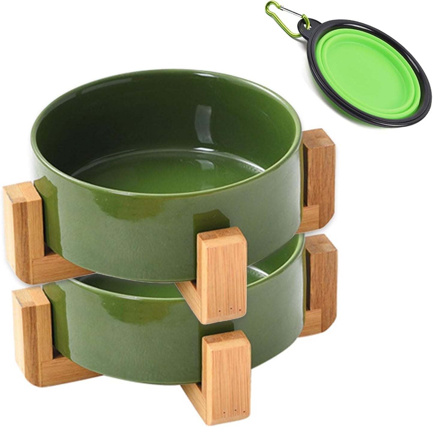 Ceramic Dog Bowl Set & Stand, Medium, Anti-Slip - Rust Green
